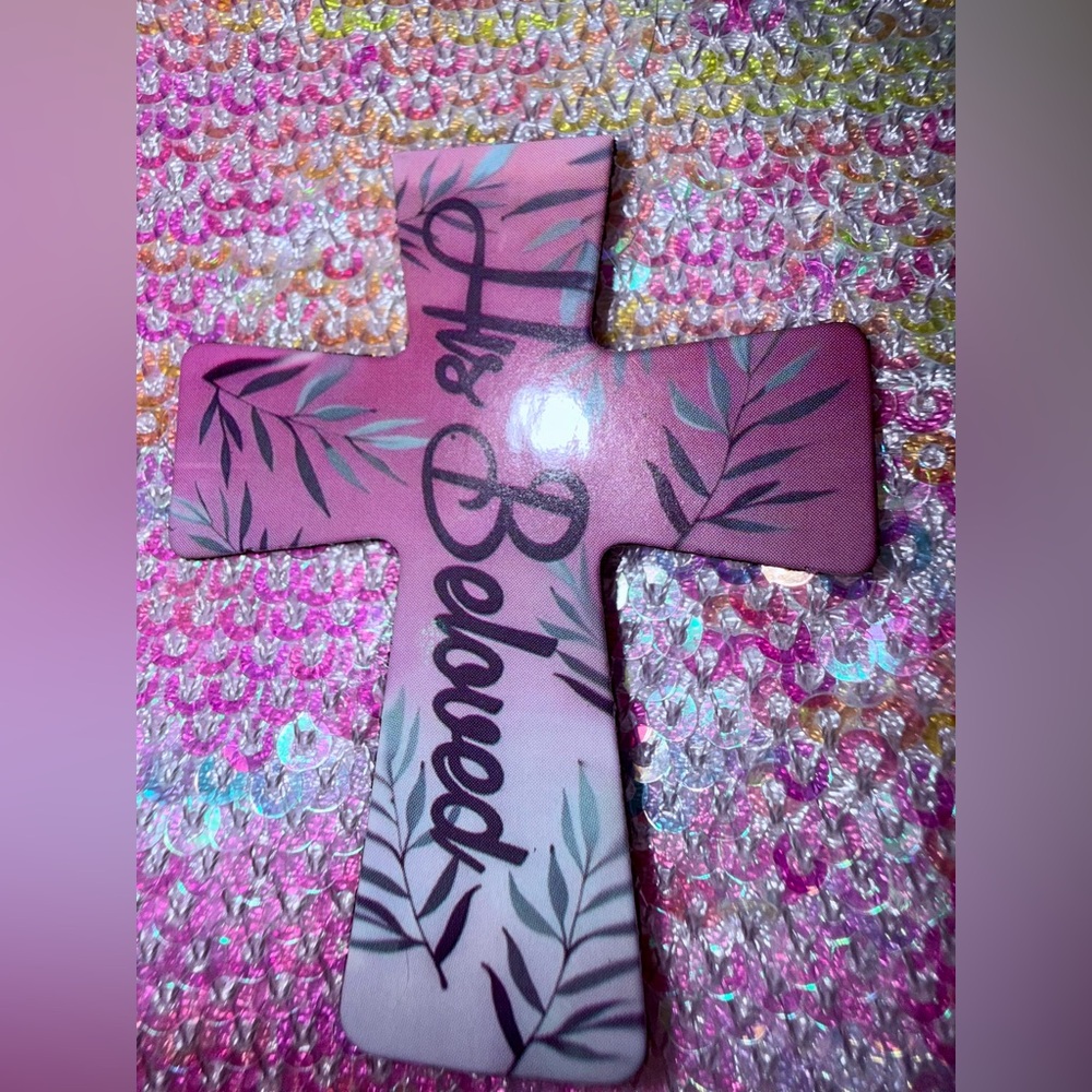 HIS BELOVED Palm Leaves Pink & Blue Nature Cross Magnet